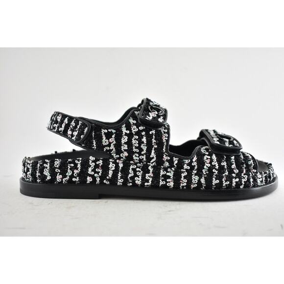 Chanel 22C Black White Tweed CC Logo Mule Slide Strap Flat Dad Teva Sandal 41 - Picture 2 of 11